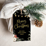 Black Merry Christmas | Winter Floral und Gold Geschenkanhänger<br><div class="desc">Diese wunderschönen Geschenkmarken mit dunkelschwarzem Hintergrund,  hübschen Winterfloralen und Kiefern und einer Abbildung von Saitenlichtern. Das moderne Goldskript sagt "Frohe Weihnachten".</div>