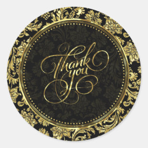 Black & Metallic Gold Floral Damasks Danke 2a Runder Aufkleber