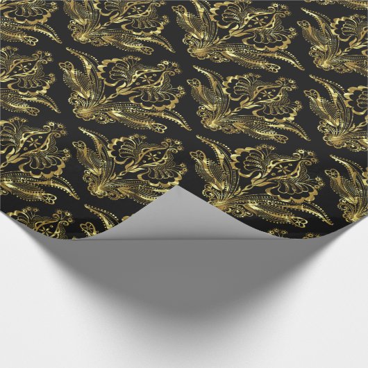 Black & Metallic Gold Look Floral Damasks Pattern Geschenkpapier (Ecke)