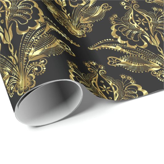 Black & Metallic Gold Look Floral Damasks Pattern Geschenkpapier (Rolleneckpunkt)