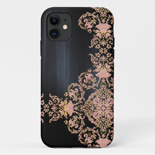 Black Metallic Pink Glitzer Damask Case-Mate iPhone Hülle (Rückseite)