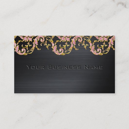 Black Metallic Pink Glitzer Damask Corporate Visitenkarte (Vorderseite)