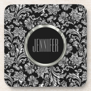 Black & Metallic Silver Damasken Getränkeuntersetzer