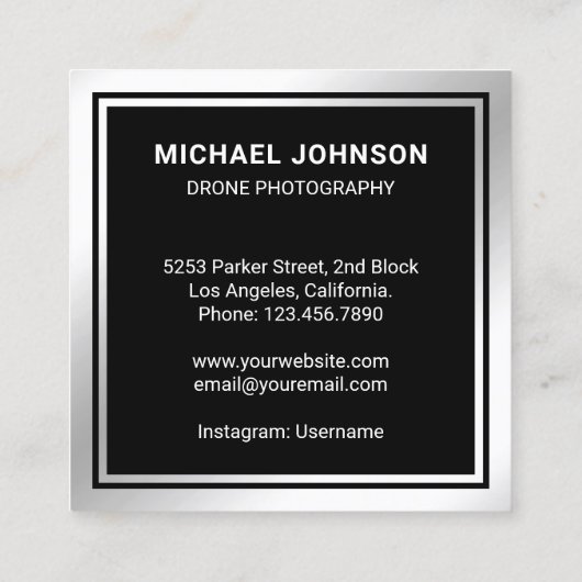 Black Metallic Steel Modern Drone Fotografie Quadratische Visitenkarte (Rückseite)