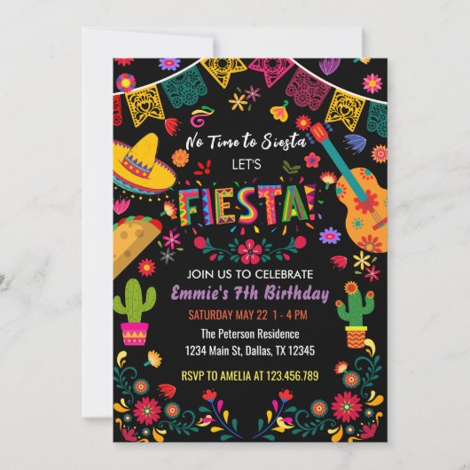 Black Mexican Birthday Party Fiesta, No Siesta Einladung (Vorderseite)