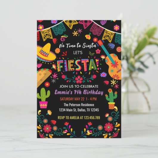 Black Mexican Birthday Party Fiesta, No Siesta Einladung (Stehend Vorderseite)