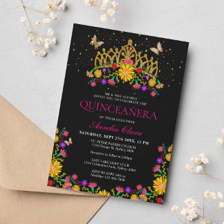 Black Mexican Fiesta Floral Gold Tiara Quinceanera Einladung