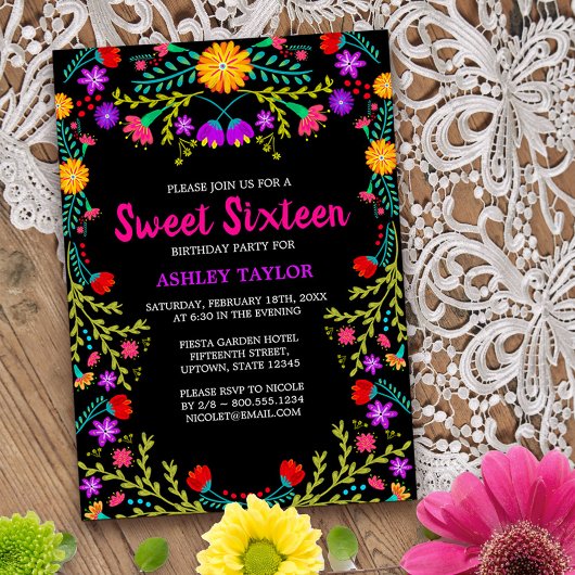 Black Mexican Fiesta Folk Art Floral 16 . Geburtst Einladung