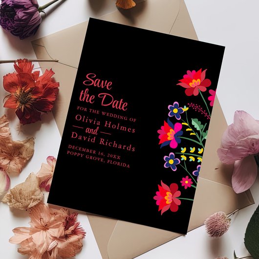 Black Mexican Floral Fiesta Save the Date Card Einladung