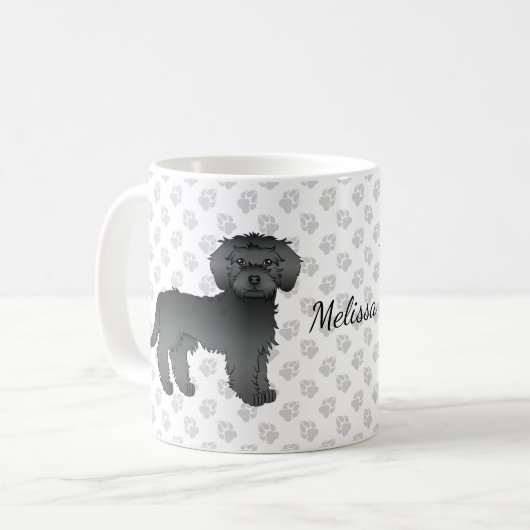 Black Mini Goldendoodle Cartoon Dog & Name Kaffeetasse (Vorderseite Links)