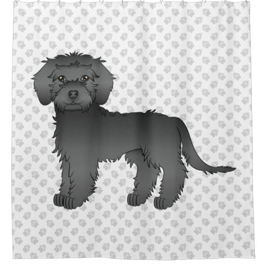 Black Mini Goldendoodle Niedlich Cartoon Dog & Paw Duschvorhang (Vorderseite)