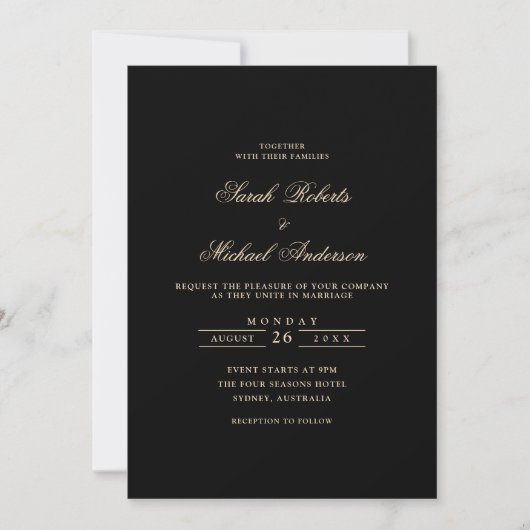 Black Minimal Calligraphy Gold Script Wedding Einladung (Vorderseite)