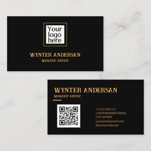 Black Minimal Gold Chic Luxus Custom Logo QR Code Visitenkarte (Vorne/Hinten)