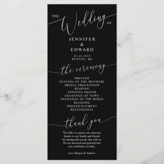 Black Minimal Wedding Zeremony Programm (Vorderseite)