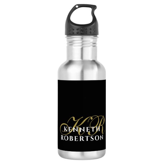 Black Minimalist Monogram Gold White Elegant Men Edelstahlflasche (Vorderseite)