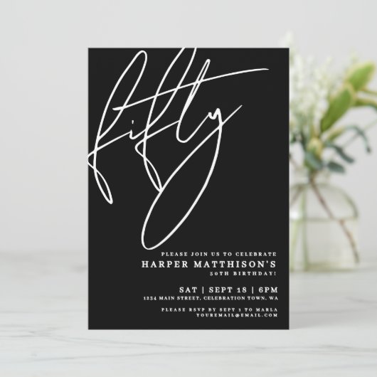 Black Minimalist Script Fifty 50th Birthday Party Einladung (Stehend Vorderseite)