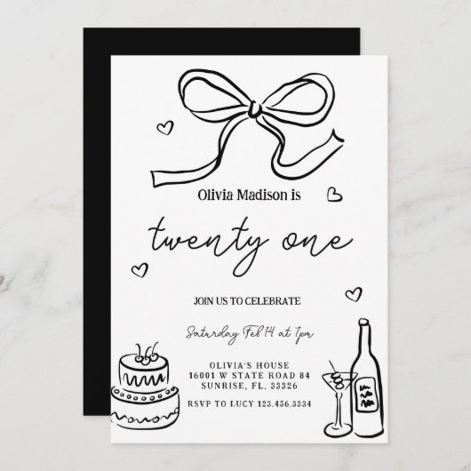 Black Minimalistisch 21. Geburtstag Party Einladung (Vorne/Hinten)