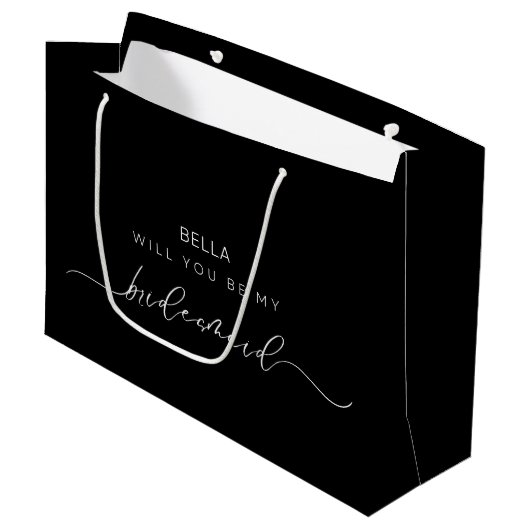 Black Minimalistisch Chic Calligraphy Bridesmaid Große Geschenktüte (Vorderseite Schrägansicht)