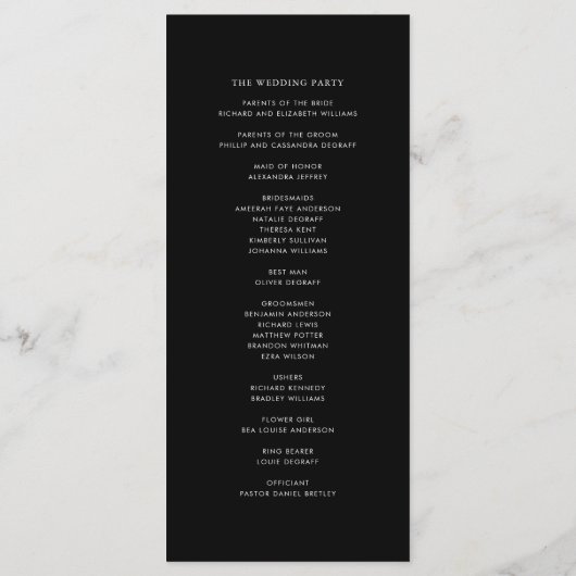 Black Minimalistisch Dainty Script Hochzeitsfeier Programm (Rückseite)