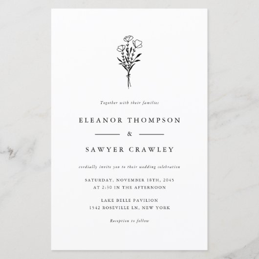 Black Minimalistisch Floral Bouquet Einladung zur (Vorderseite)