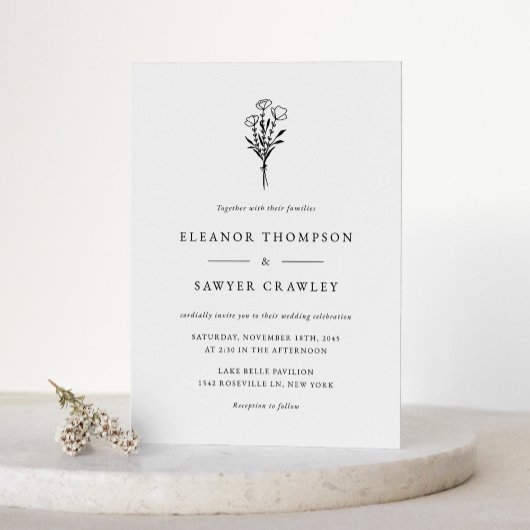 Black Minimalistisch Floral Bouquet QR Code Weddin Einladungspostkarte