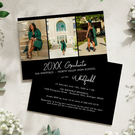 Black Minimalistisch Foto Collage Graduation Party Einladung