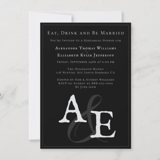 Black Minimalistisch Monogram Wedding Probe Dinner Einladung (Vorderseite)