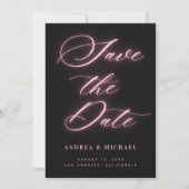 Black Minimalistisch Pink Neon Foto & QR Code Wedd Save The Date (Vorderseite)