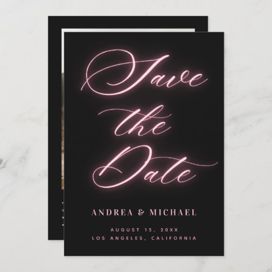 Black Minimalistisch Pink Neon Foto & QR Code Wedd Save The Date (Vorne/Hinten)