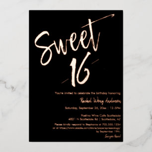 Black Minimalistisch Sweet 16. Geburtstag Rose Gol Folieneinladung