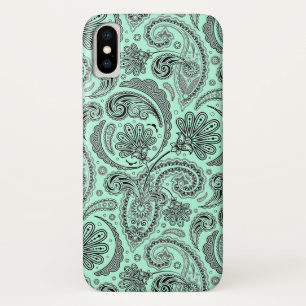 Black & Mint Green V Floral Paisley iPhone X Hülle