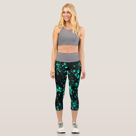 Black Mint Paint Splatter Artistic Splash Creative Capri Leggings (Vorderseite)