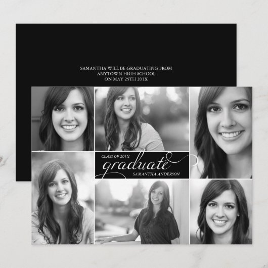 Black Modern 6 Foto Script Abschluss laden ein Einladung (Vorne/Hinten)