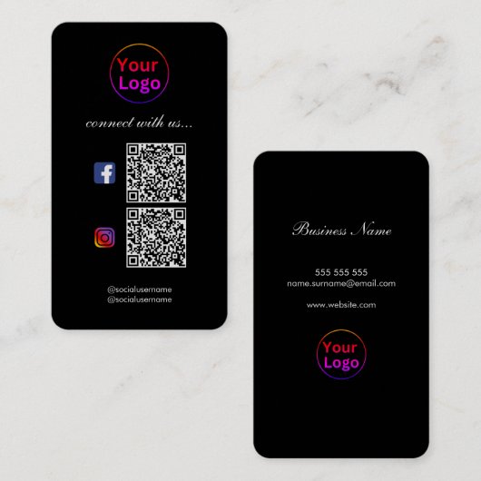 Black Modern Beruflich 2 QR CODE Visitenkarte (Vorne/Hinten)