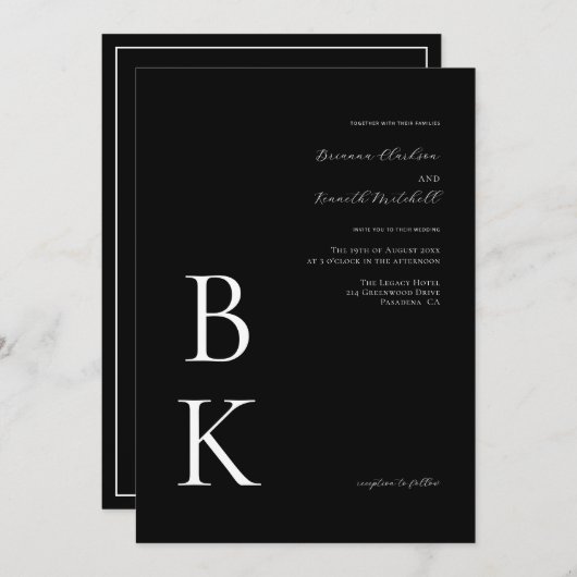 Black Modern Bold Monogram Typografy Wedding Einladung (Vorne/Hinten)