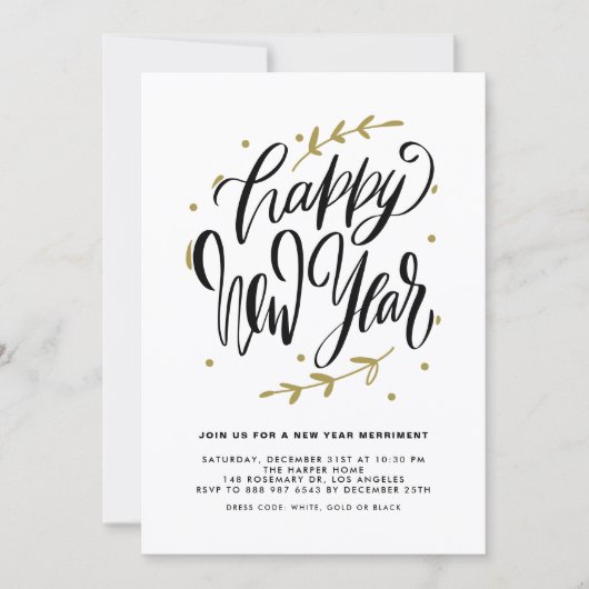 Black Modern Calligraphy and Wreath New Year Party Einladung (Vorderseite)