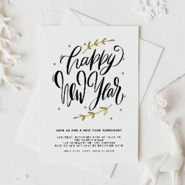 Black Modern Calligraphy and Wreath New Year Party Einladung