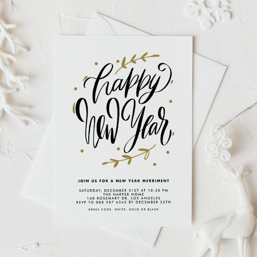 Black Modern Calligraphy and Wreath New Year Party Einladung