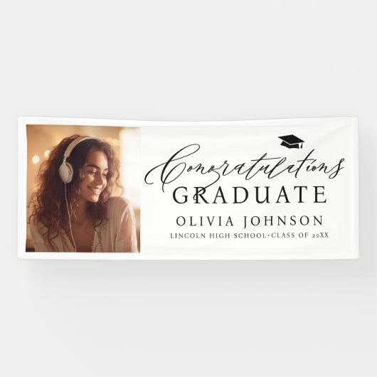 Black Modern Calligraphy Foto Graduation Party Banner (Horizontal)