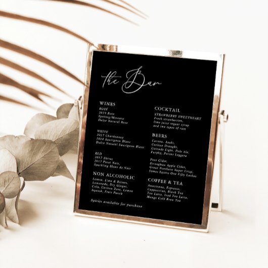 Black Modern Calligraphy Wedding Bar Menu