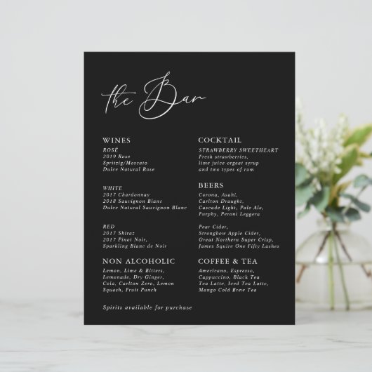 Black Modern Calligraphy Wedding Bar Menu (Stehend Vorderseite)