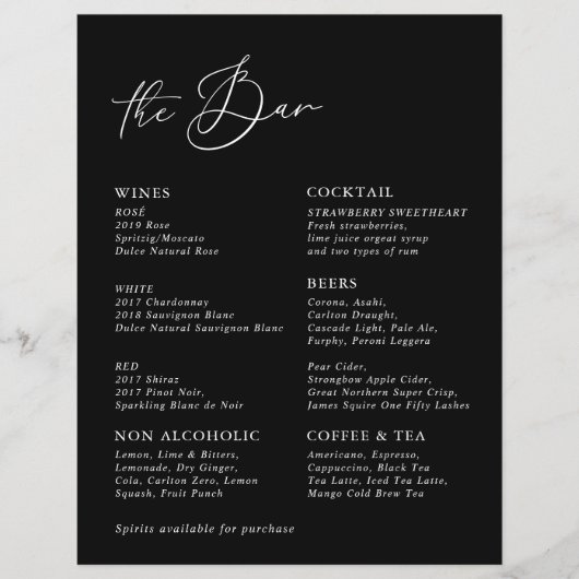 Black Modern Calligraphy Wedding Bar Menu (Vorderseite)