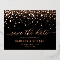 Black Modern Confetti Rose Gold Save the Date