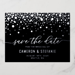 Black Modern Confetti Silver Foil Save the Date Folie Einladungspostkarte