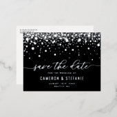 Black Modern Confetti Silver Foil Save the Date Folie Einladungspostkarte (Vorderseite/Rückseite)