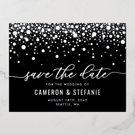 Black Modern Confetti Silver Foil Save the Date Folie Einladungspostkarte (Vorderseite)