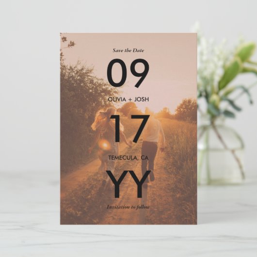 Black Modern Date Typography Photo Save the Date (Stehend Vorderseite)