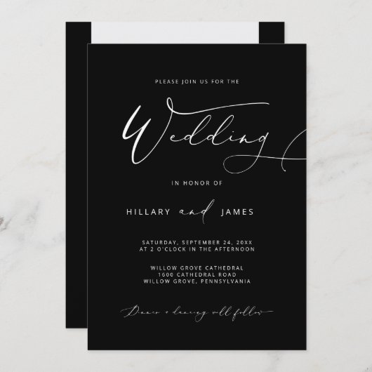 Black Modern Elegante Calligrafy Wedding Einladung (Vorne/Hinten)