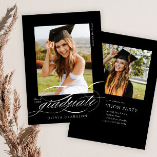 Black Modern Elegante Script Foto Graduation Party Einladung