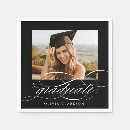 Black Modern Elegante Script Foto Graduation Party Serviette (Vorderseite)